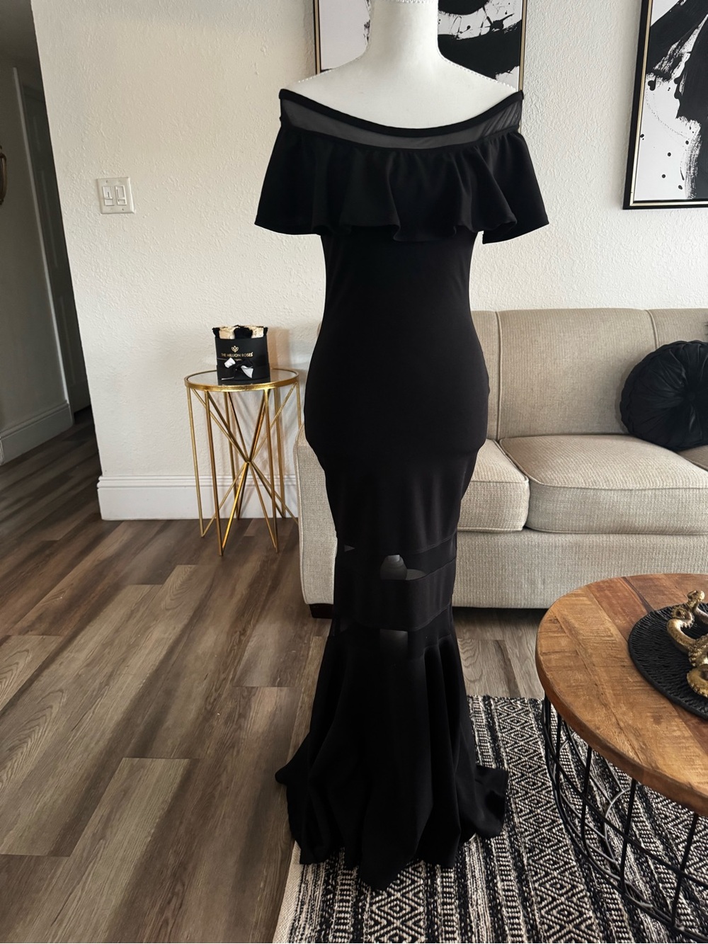 Fashion Nova Off Shoulder Floor length Dress with Mesh Panels - Picture 2 of 5